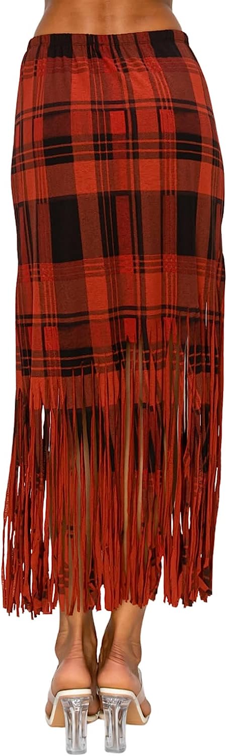 EUNANARA Women’s Asymmetrical Fringe Skirts – High Waisted Elastic Waist Printed Boho Stretch Casual Midi Skirt Made in USA - Image 4